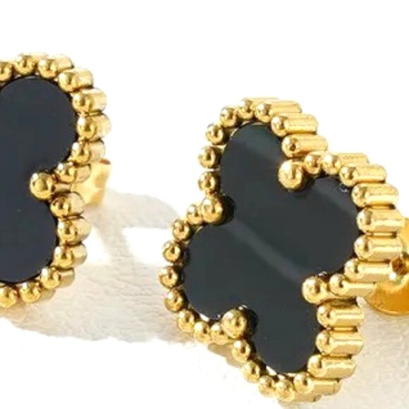 18K GOLD DIPPED QUATREFOIL INLAID WITH ENAMEL STUD CLOVER EARRINGS - Picture 1 of 1